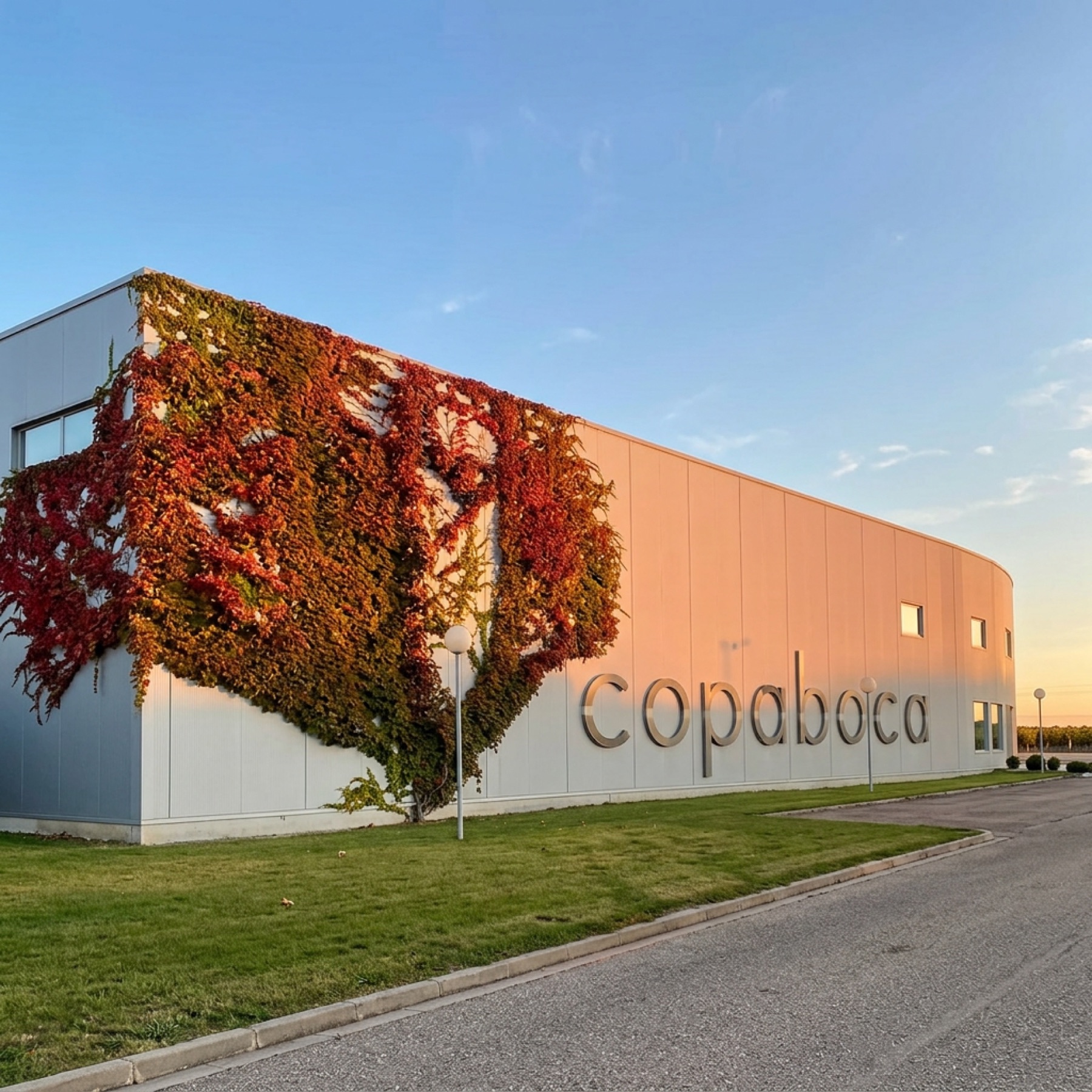 Fachada de Bodegas Copaboca con sus letras y hiedra de otoño